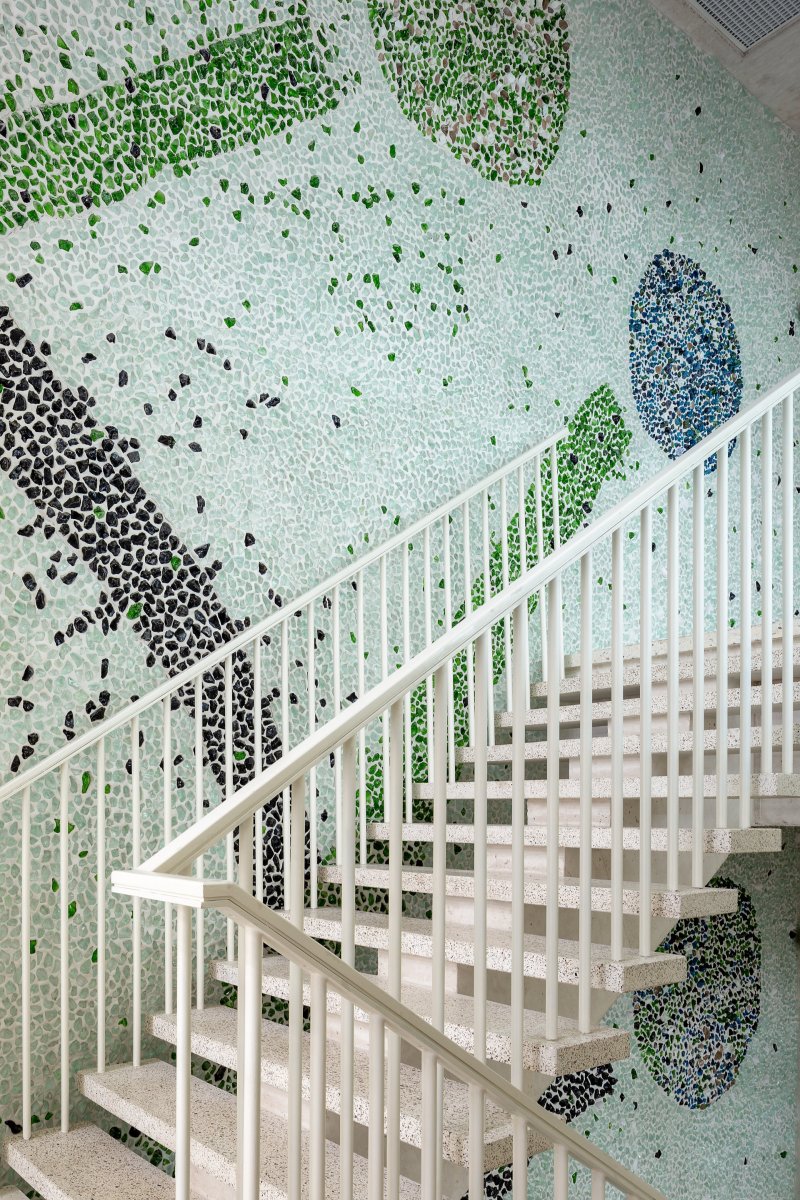 Zodiak- stairs with the glass mozaik wall designed by Magda Łapińska-Rozenbaum
